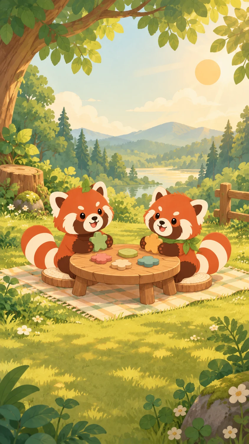 Two red pandas sharing a moment in a forest clearing