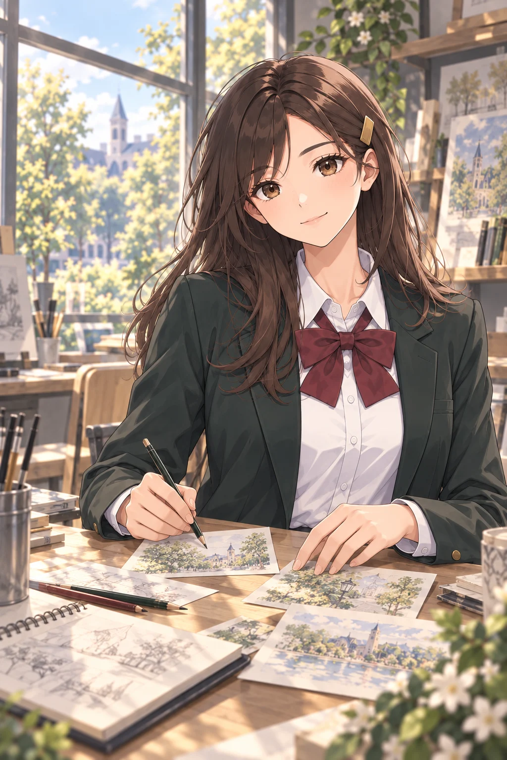 Mira sketching in a sunlit garden studio