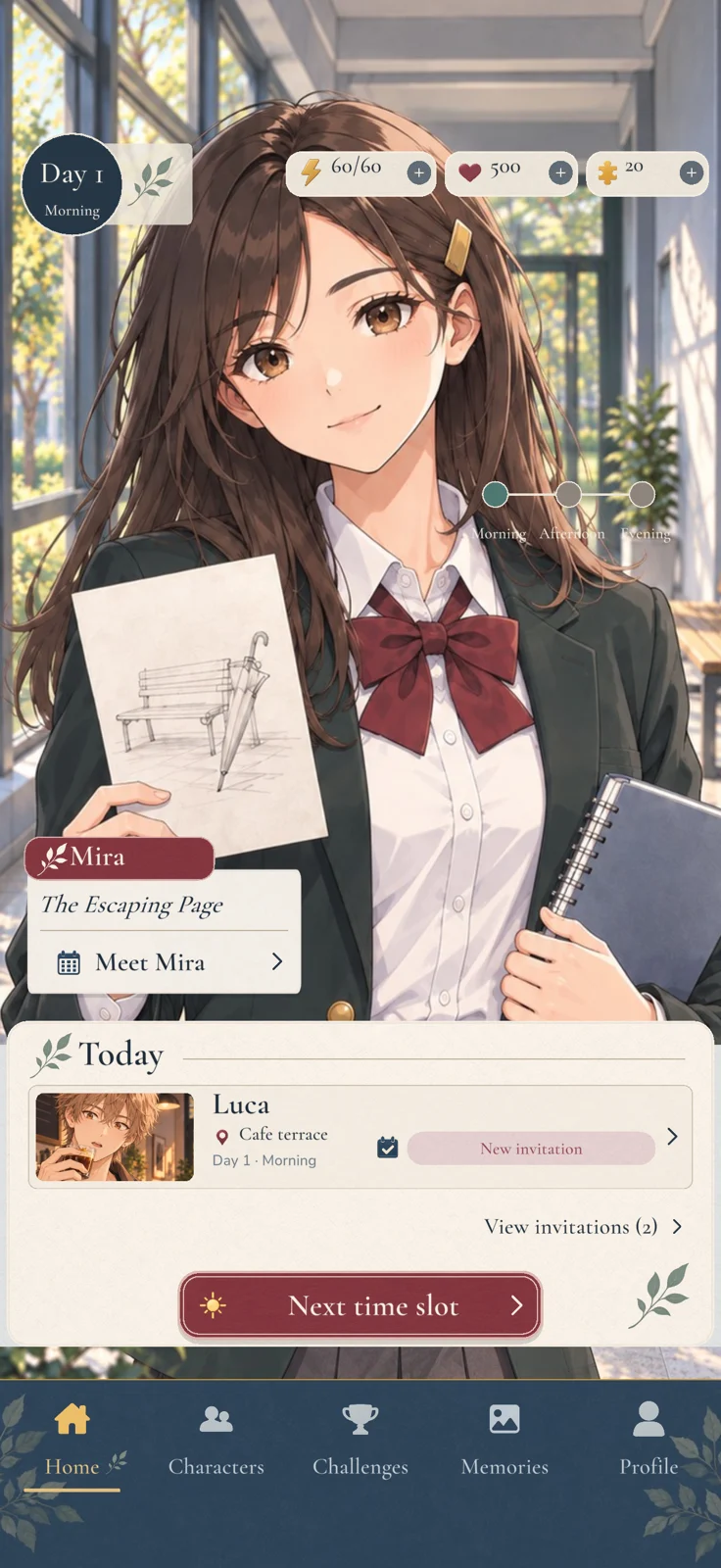 Memory Garden game screen with Mira and daily invitations