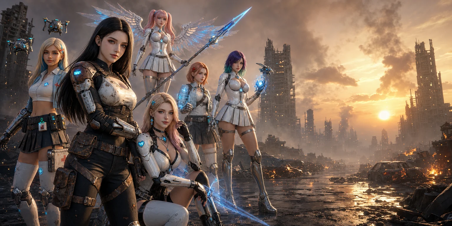 Android queens stand together in a ruined futuristic city